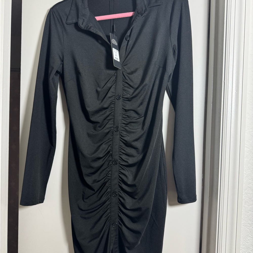 Black Button-Up Ruched Dress
